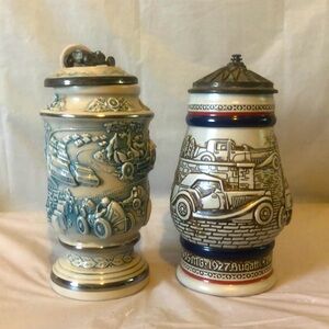 Car steins Avon race cars & Ford Model T, MG, Bugatti, patina on pewter